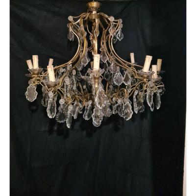 Lustre En Bronze Doré Et Cristal, 12 Bras De Lumières,  Maison Lucien Gau