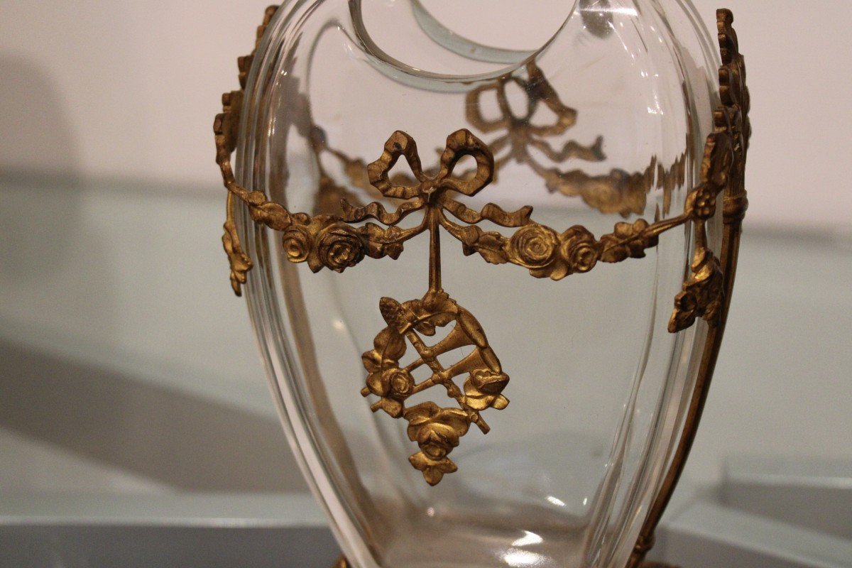 Louis 16 Style Vase, In Glass And Golden Metal-photo-3