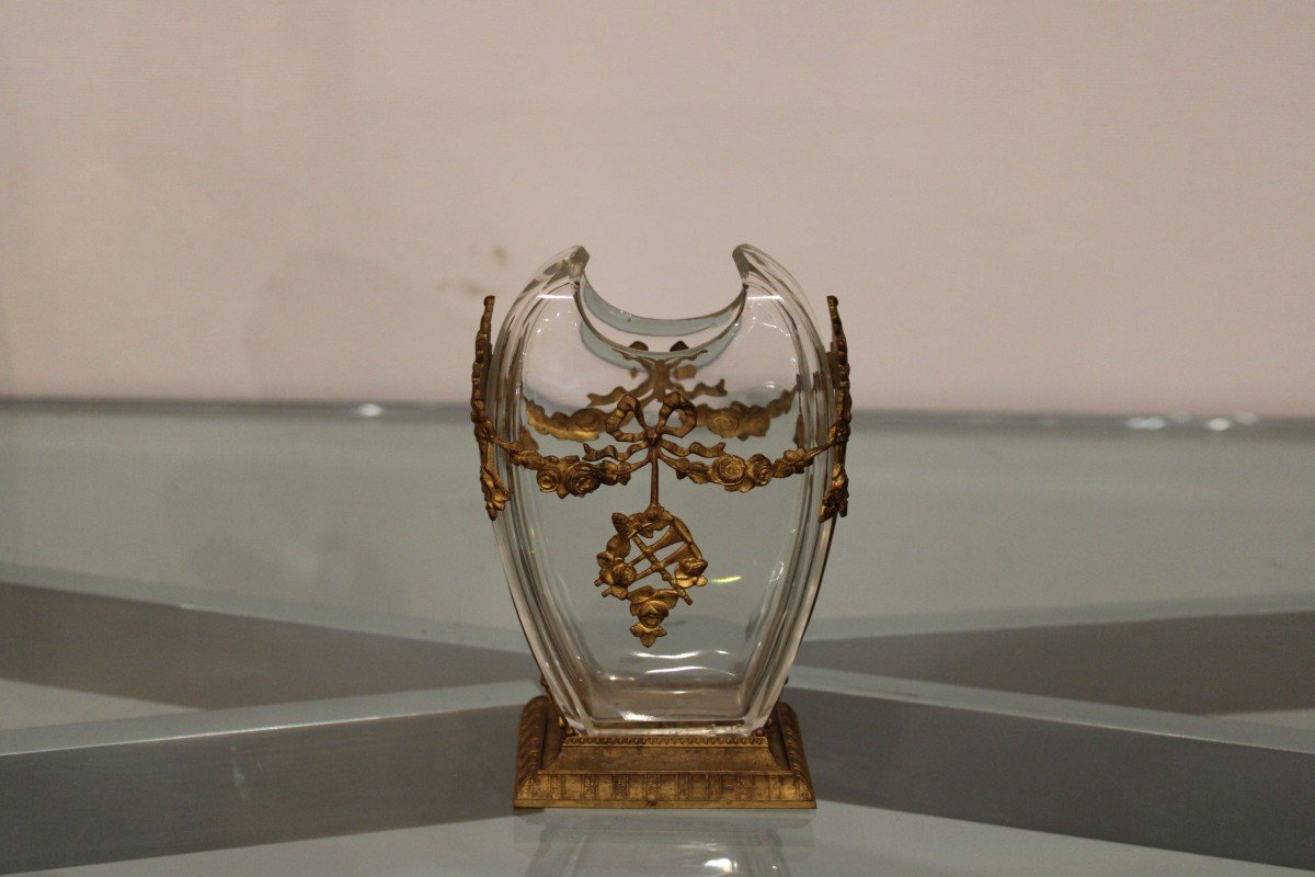 Louis 16 Style Vase, In Glass And Golden Metal-photo-3