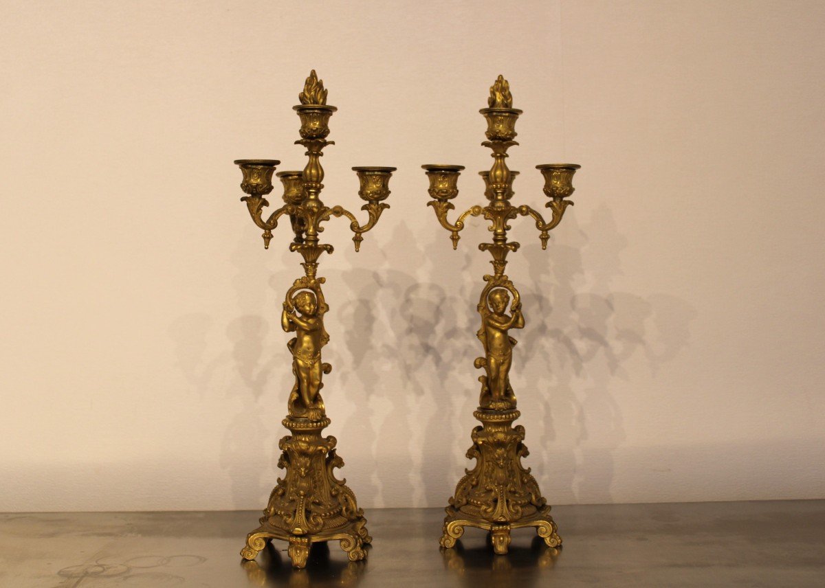 Pair Of Candelabra In Gilted Bronze, France, Late 19th Century-photo-3