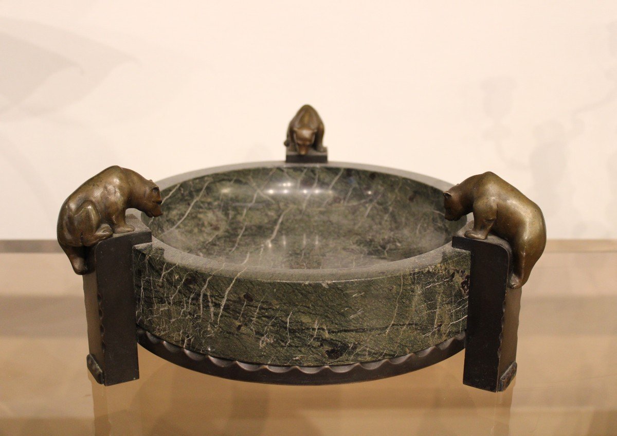 Large Marble Bowl With Bears, Early 20th Century -photo-1