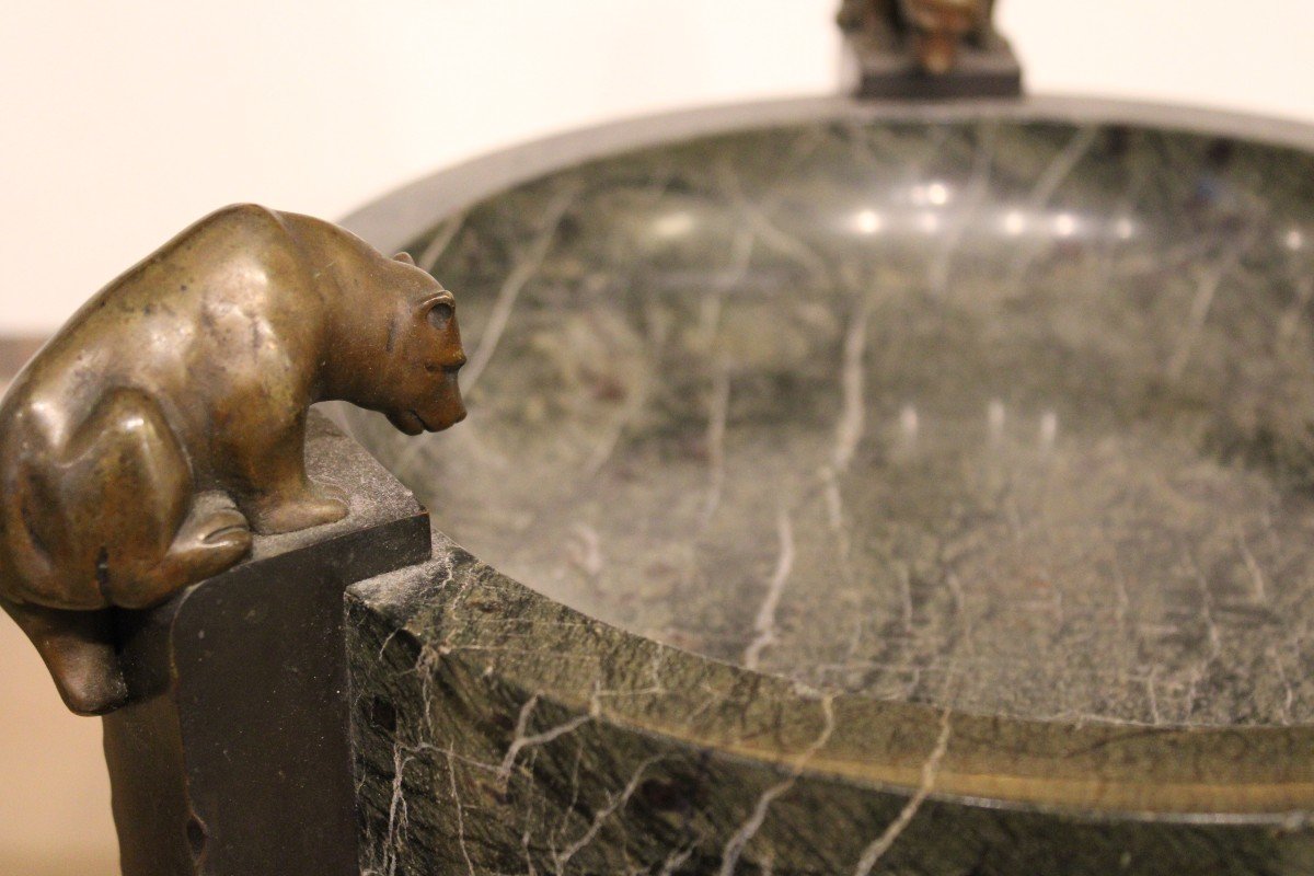 Large Marble Bowl With Bears, Early 20th Century -photo-4