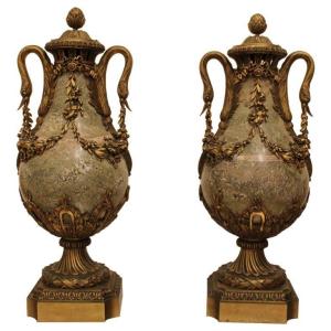 Pair Of Bronze And Marble Vases, Louis XVI Style. French, 19th Century