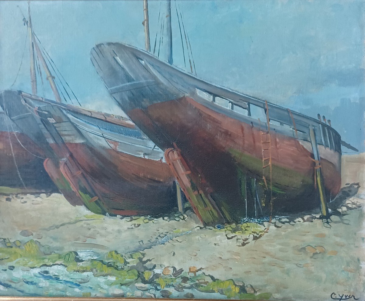 Charles Yver, Beached Boats, Oil On Canvas-photo-2