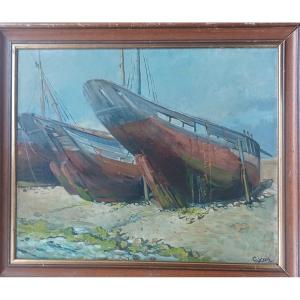 Charles Yver, Beached Boats, Oil On Canvas