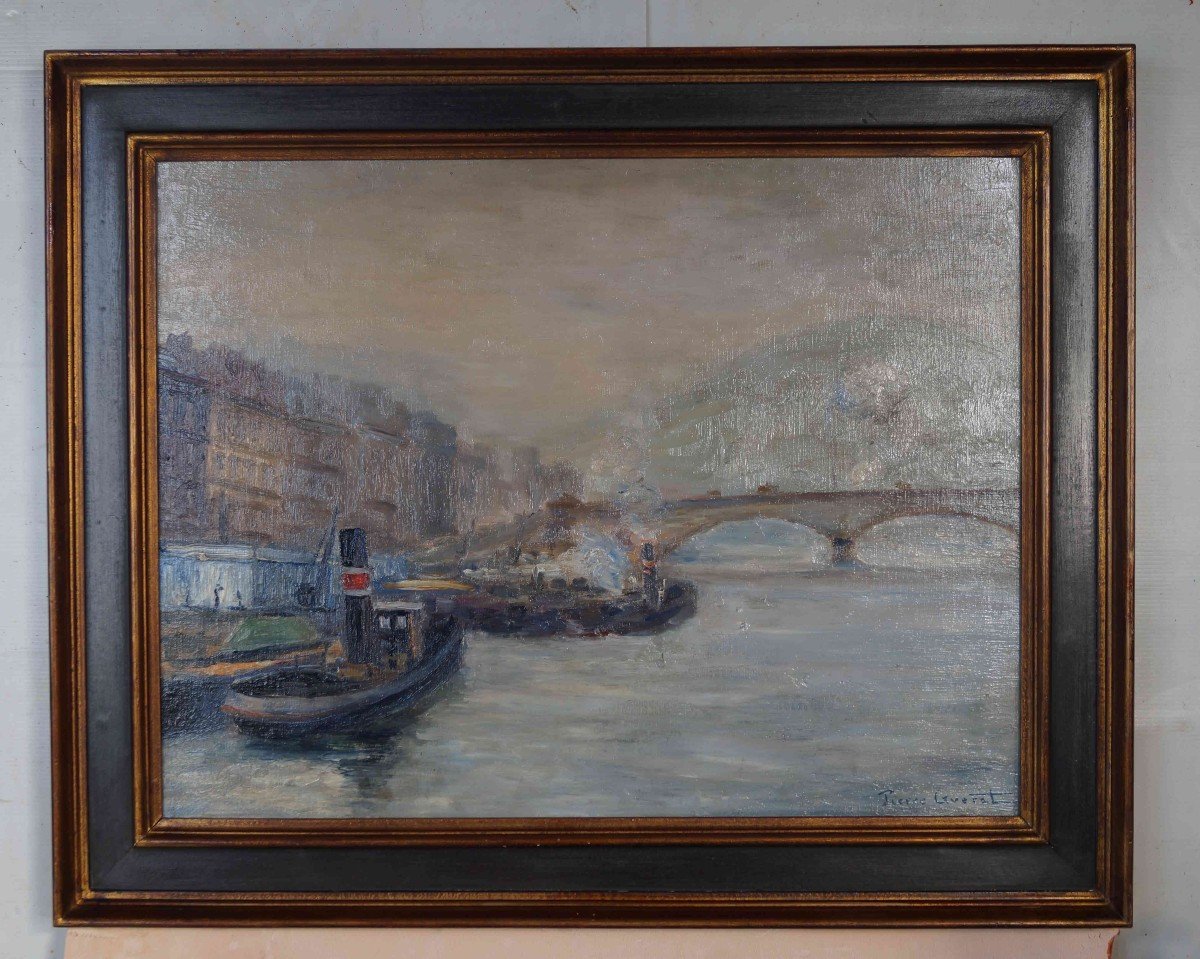 Ecole de Rouen et Postimpressionniste « Remorqueurs, Port de Rouen » Pierre  GUERET (1908-1966)-photo-3