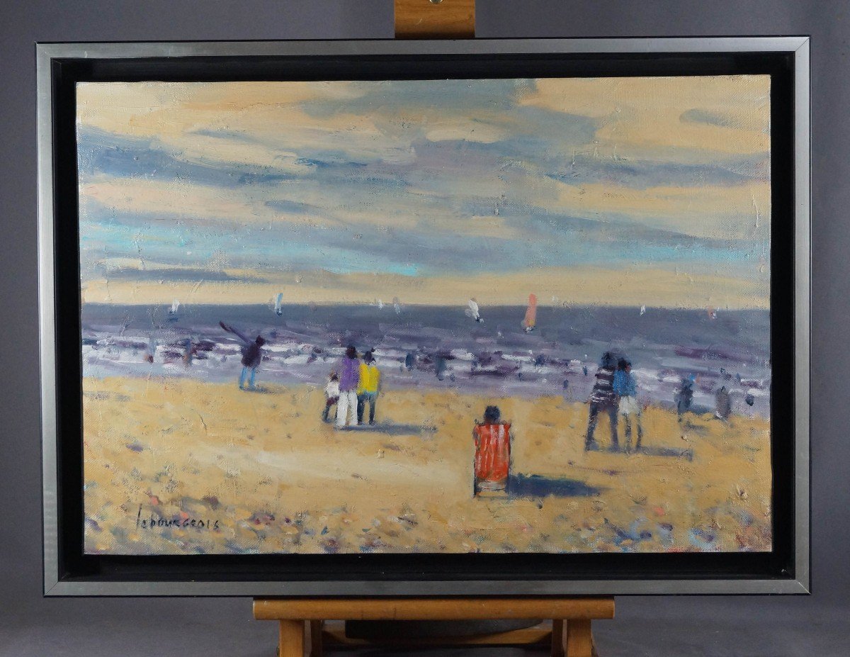 French And Norman School Of The 20th Century “beach Scene In Normandy” By Jacques Lebourgeois.-photo-3