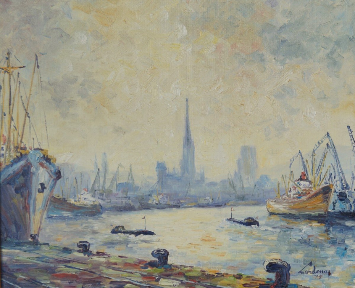 School Of Rouen, Post-impressionist Of The 20th Century “port Of Rouen” A. Cordenos (1933-1997)