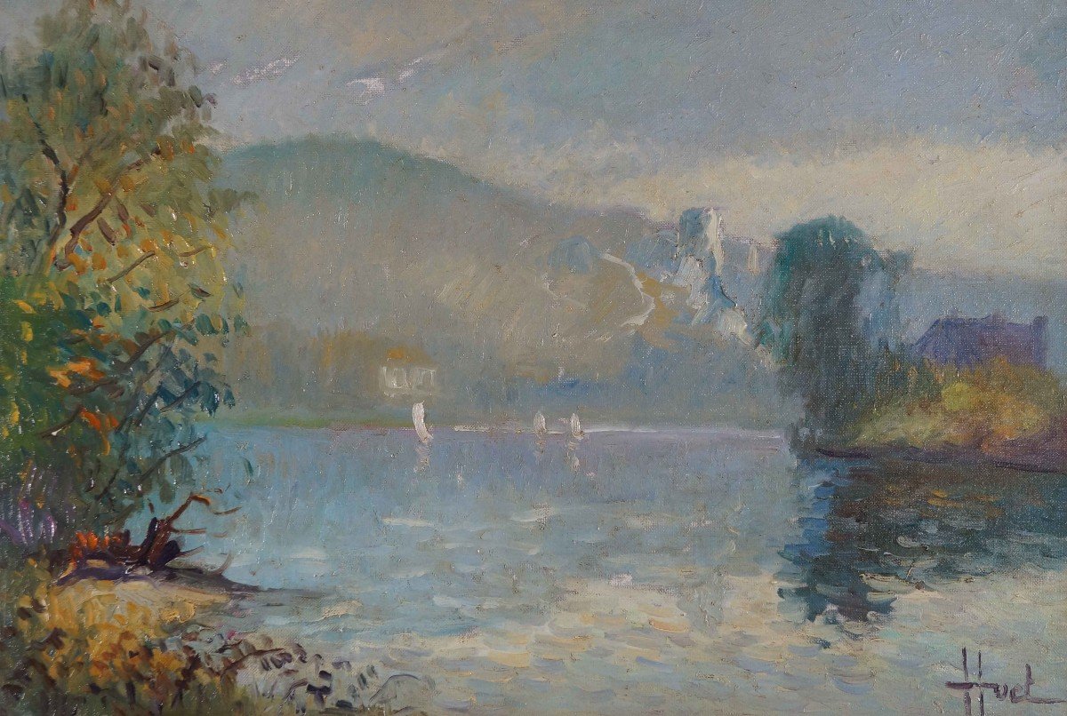 French And Impressionist School Of The Rouen School “the Seine At Andelys” By Jacques Huet.