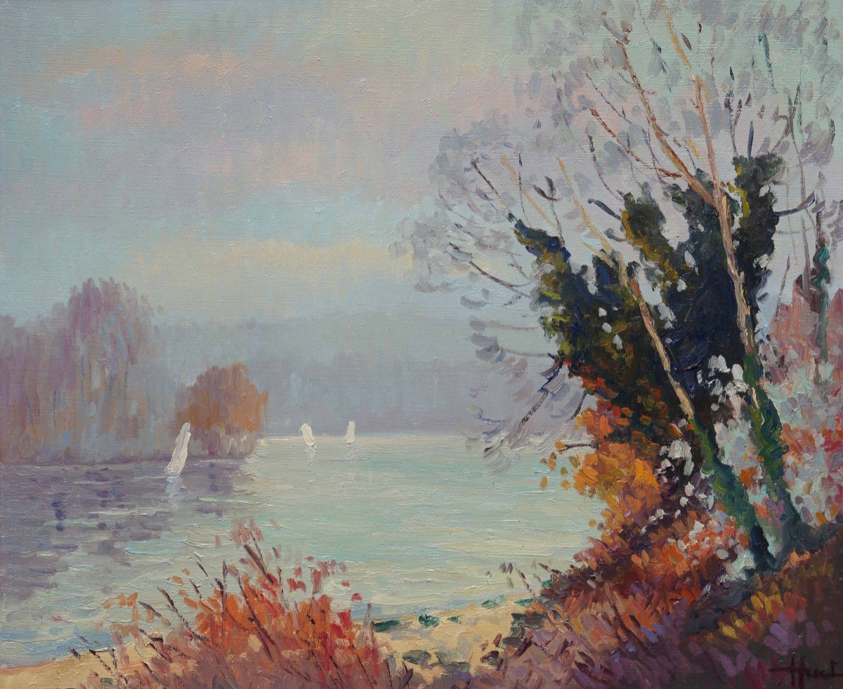 French School And Impressionist Of The Rouen School “light On The Seine” By Jacques Huet.