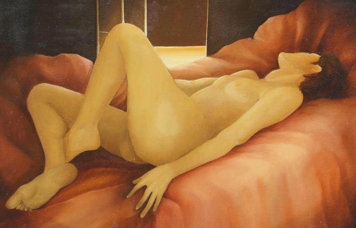 French And Contemporary School Of The 20th Century “young Naked Woman Lying Down” By Lionel Desmarais-photo-3