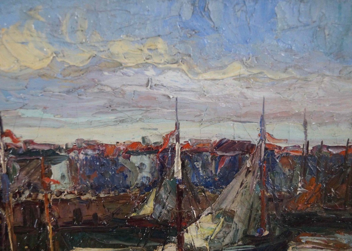 Ecole Française Du XIX XXème  «les Sables D'Olonne, Voiliers entrant au Port»  Par Léopold LECOMTE (1890-1963)-photo-4