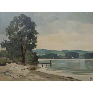 Ecole du  XXème « La Seine à Moisson » Robert Yan (1901-1994) Peintre Officiel de La Marine.