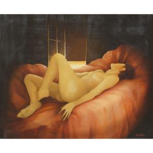 French And Contemporary School Of The 20th Century “young Naked Woman Lying Down” By Lionel Desmarais