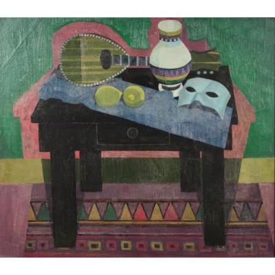 Theo Bitter (1916-1994), Nature Morte, Masque Et Mandoline, Huile Sur Toile, Circa 1960