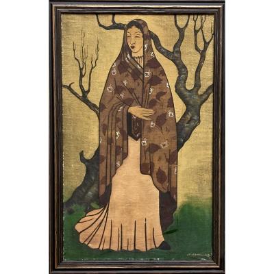 Oil On Canvas, Symbolist Style, A Woman In Front Of A Tree. Signed M. Michel, Dated 1947.