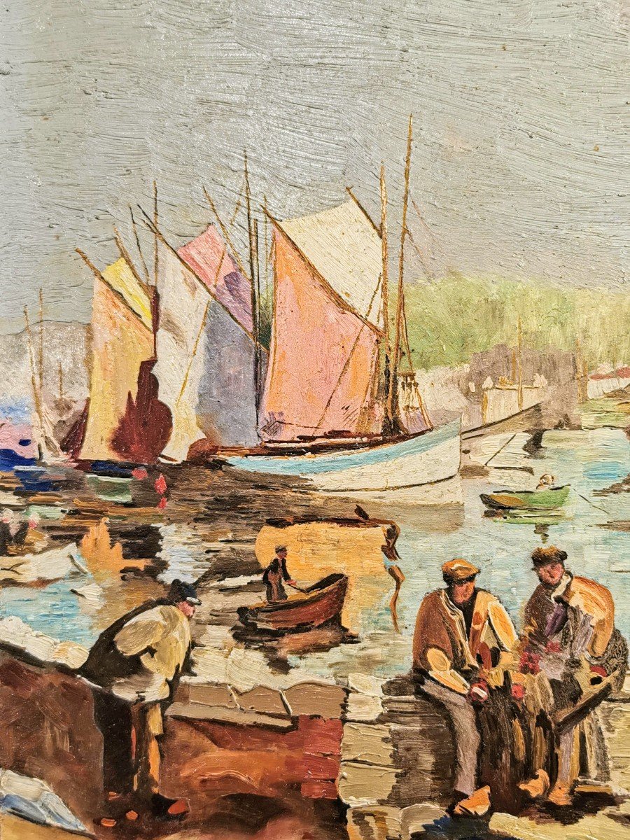 Tableau Marine de Bretagne -  C.  FERDEC - Scène à Concarneau (port Breton) hsl- XXème-photo-2