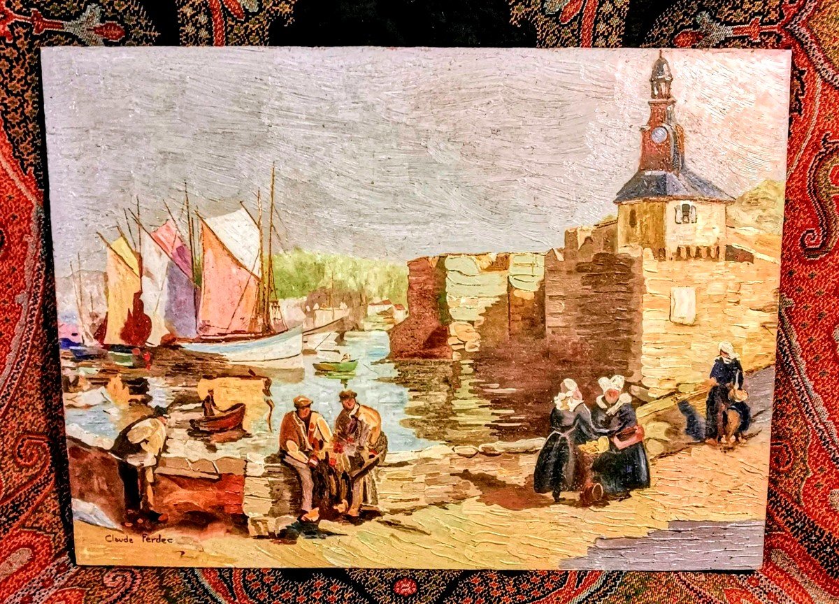 Tableau Marine de Bretagne -  C.  FERDEC - Scène à Concarneau (port Breton) hsl- XXème