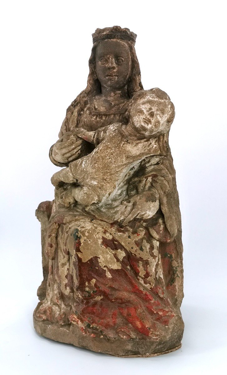 Sculpture 15/16th Virgin And Child In Majesty In Polychrome Stone - France-photo-4