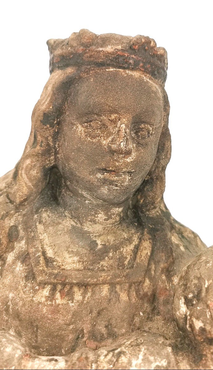Sculpture 15/16th Virgin And Child In Majesty In Polychrome Stone - France-photo-1