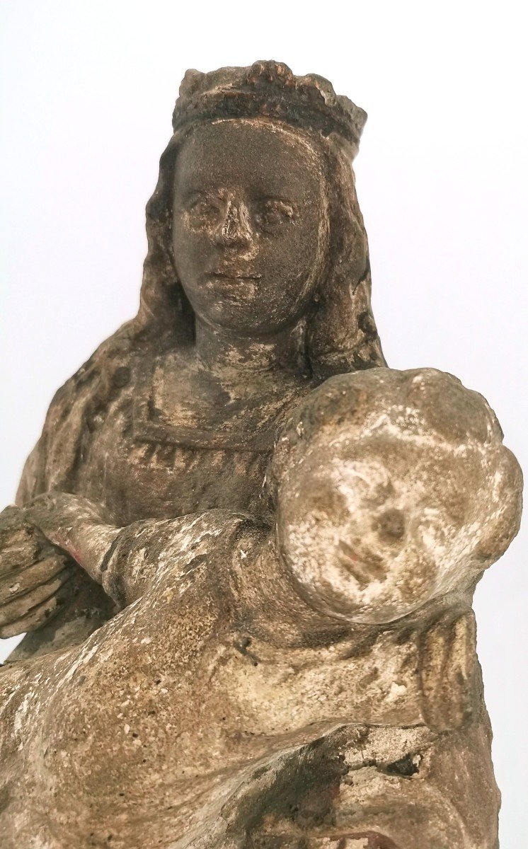 Sculpture 15/16th Virgin And Child In Majesty In Polychrome Stone - France-photo-3