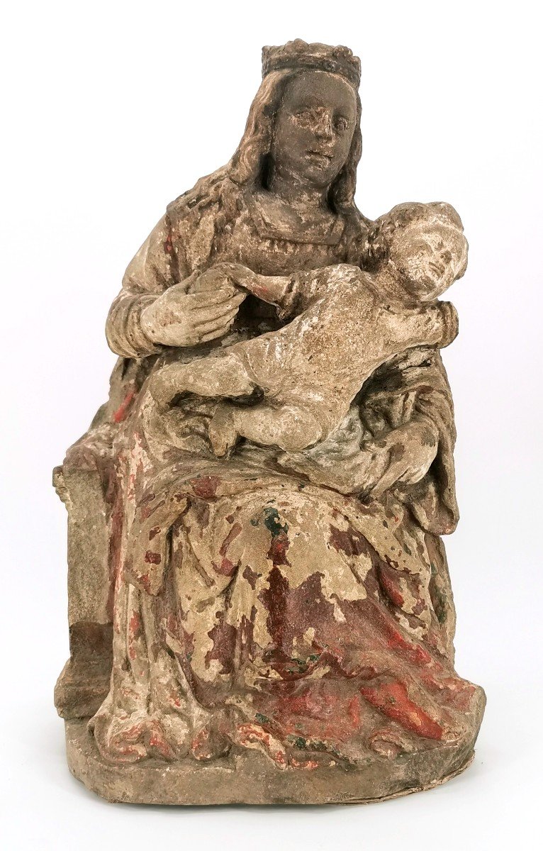 Sculpture 15/16th Virgin And Child In Majesty In Polychrome Stone - France-photo-6