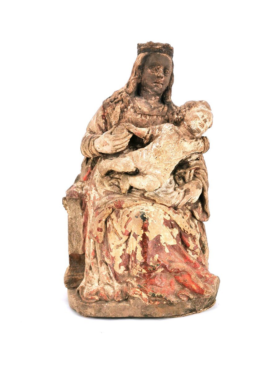 Sculpture 15/16th Virgin And Child In Majesty In Polychrome Stone - France