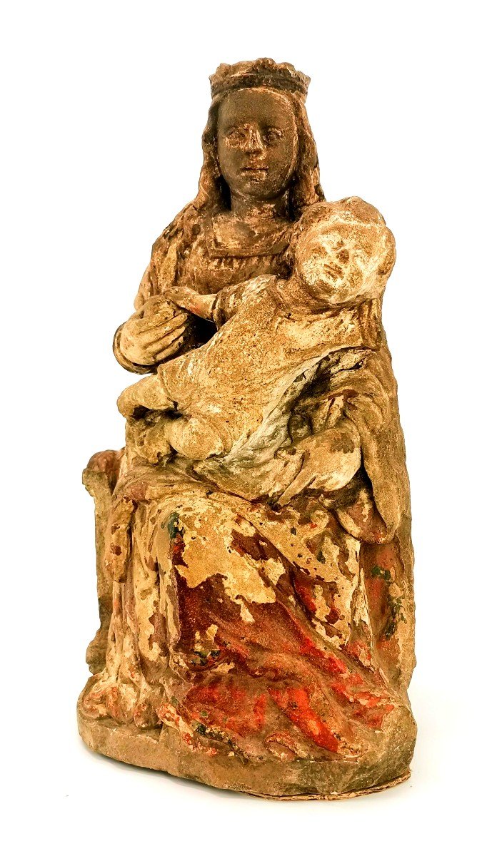 Sculpture - Statue renaissance Vierge à l'Enfant en Majesté en Pierre Polychrome - 15ème France