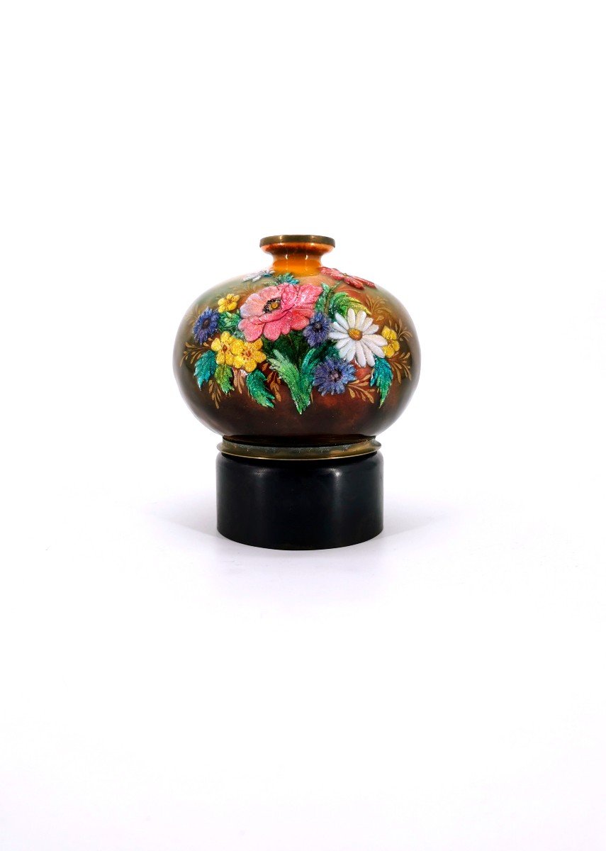 Flowery Enameled Ball Vase - Enamels By Camille Raymond Fauré - Limoges 20th Century-photo-2