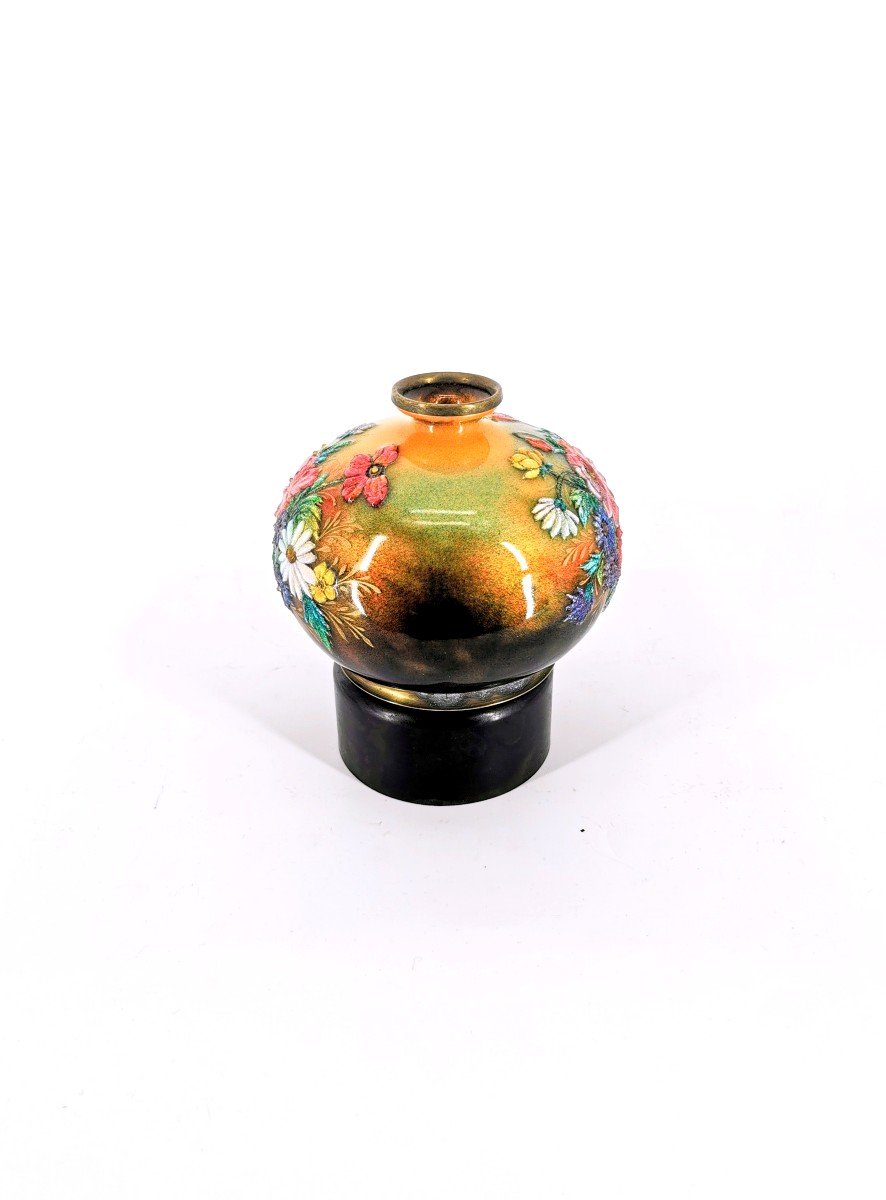 Flowery Enameled Ball Vase - Enamels By Camille Raymond Fauré - Limoges 20th Century-photo-3