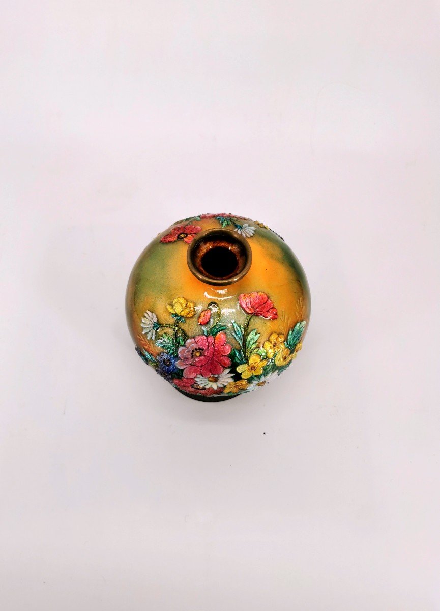 Flowery Enameled Ball Vase - Enamels By Camille Raymond Fauré - Limoges 20th Century-photo-4