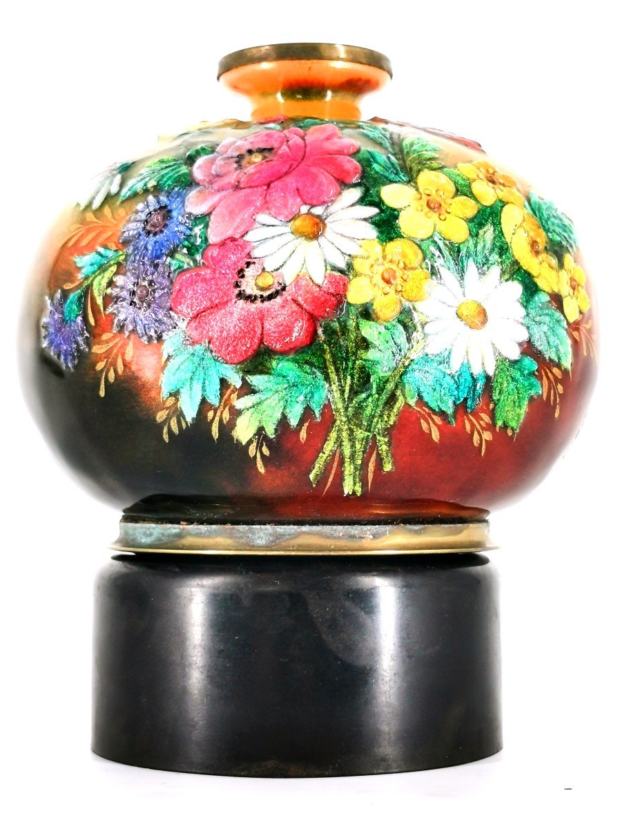 Flowery Enameled Ball Vase - Enamels By Camille Raymond Fauré - Limoges 20th Century-photo-5