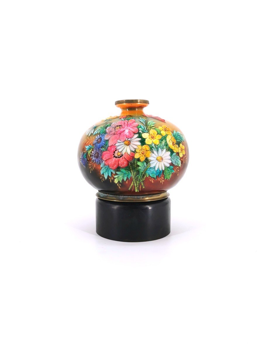 Flowery Enameled Ball Vase - Enamels By Camille Raymond Fauré - Limoges 20th Century