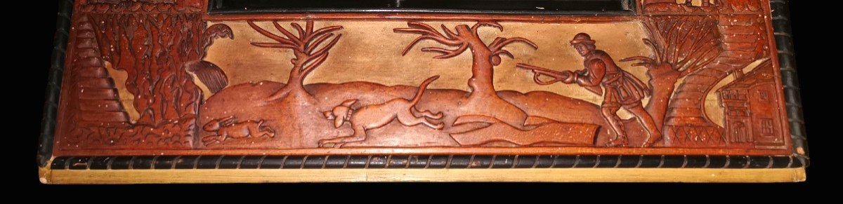 Carved Wood Mirror - Hunting Scene Decor - Trumeau Mirror Late 18th Century-photo-1