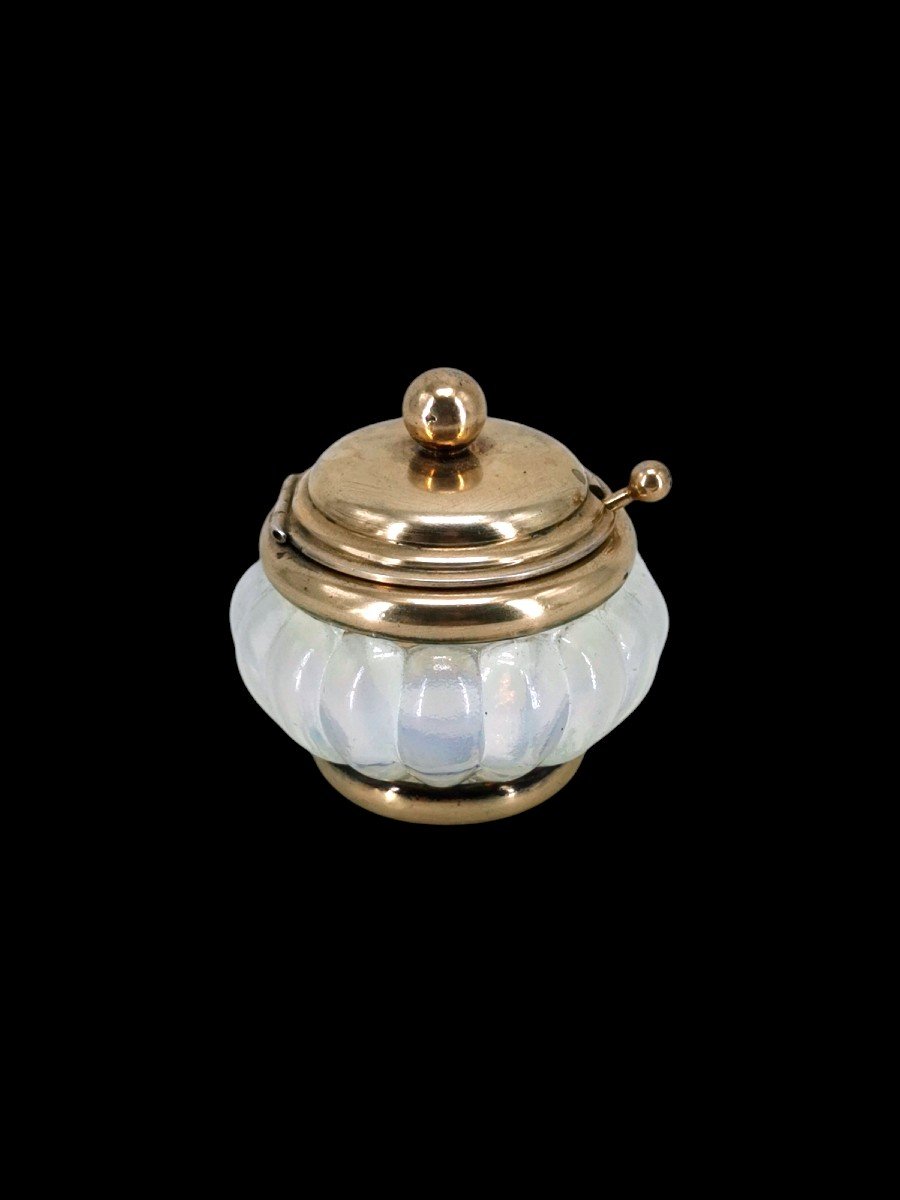  Opalescent Glass Mustard Pot - Silver Vermeil Frame - 19th Century Silverware Tableware