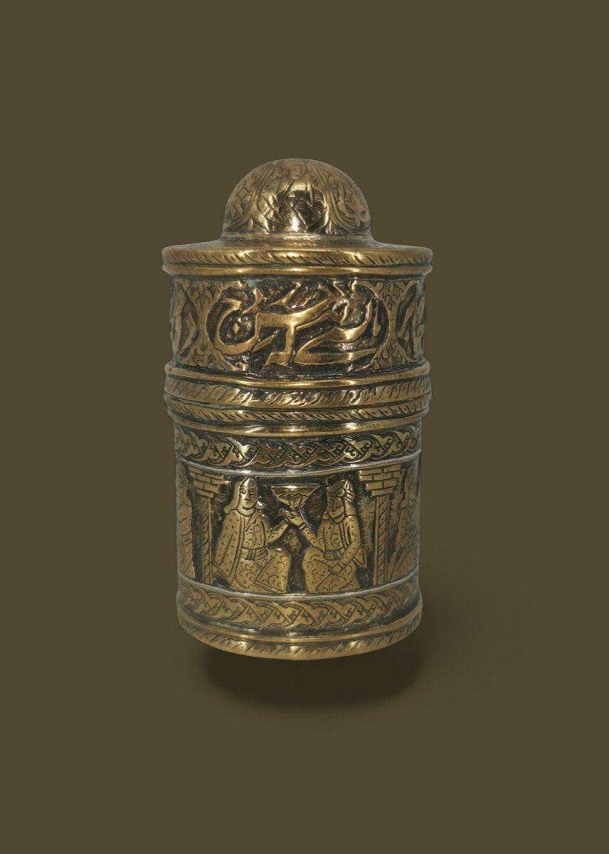 Cylindrical Box - Middle - East Brass Engraved Silver Fillet - Pyxis Style XVIII / XIX-photo-4