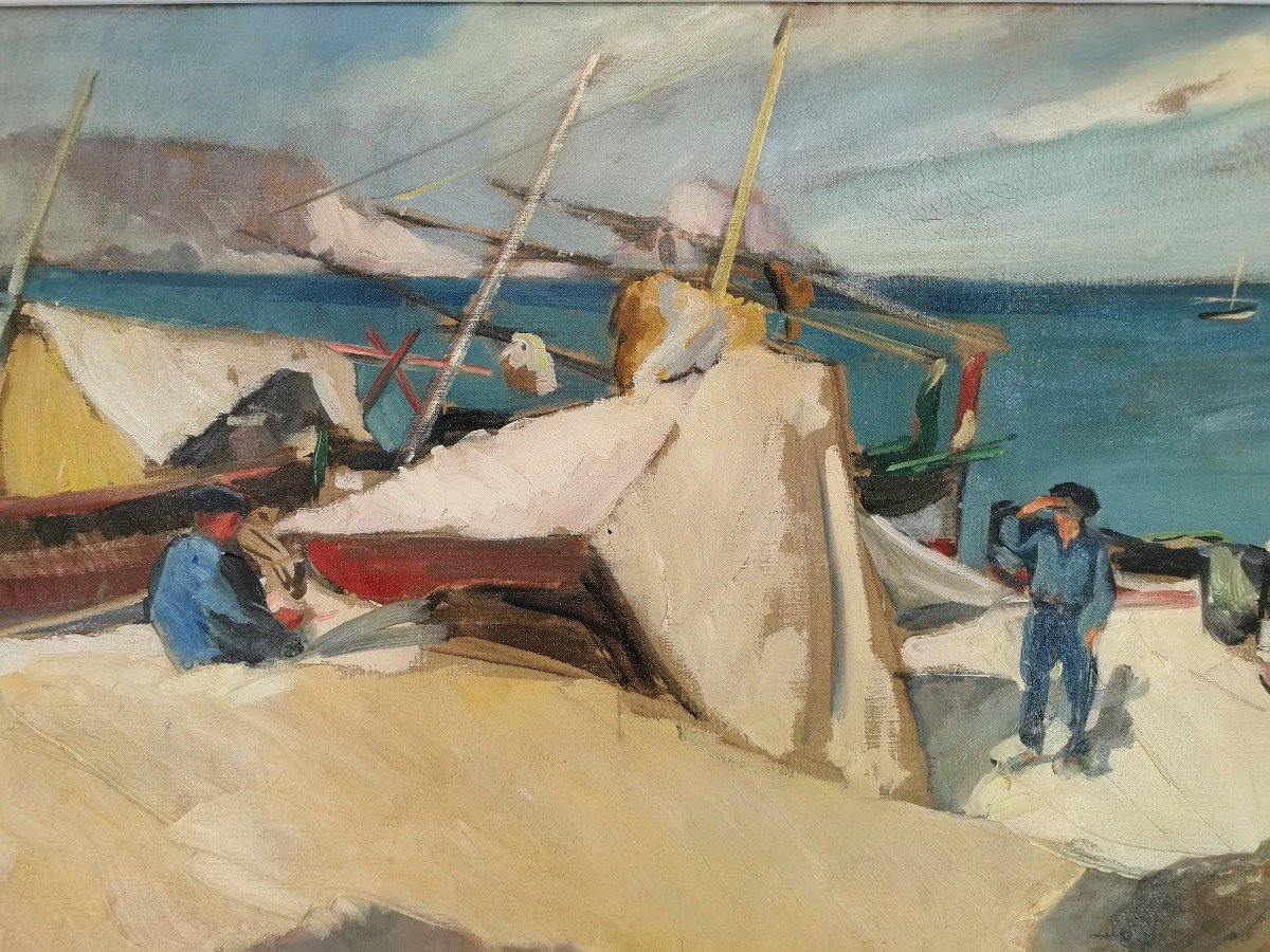 Grand Tableau H.s.t - Oeuvre Scène De Pêcheur 1935 - Artiste René Jaudon "LOZERE48"-photo-2