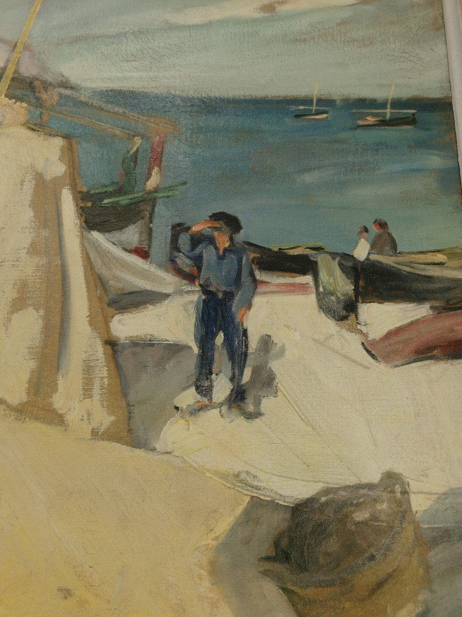 Grand Tableau H.s.t - Oeuvre Scène De Pêcheur 1935 - Artiste René Jaudon "LOZERE48"-photo-3