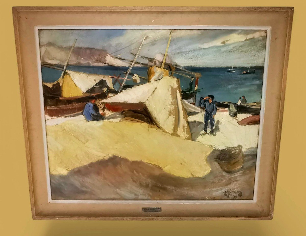 Grand Tableau H.s.t - Oeuvre Scène De Pêcheur 1935 - Artiste René Jaudon "LOZERE48"