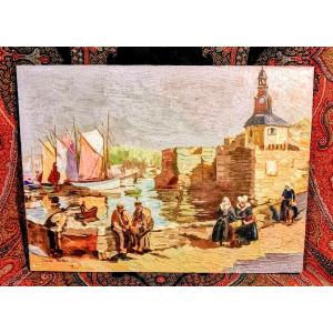 Tableau Marine de Bretagne -  C.  FERDEC - Scène à Concarneau (port Breton) hsl- XXème