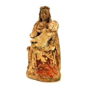 Sculpture Religieuse  - Statue renaissance Vierge en Majesté Polychrome - XV e France