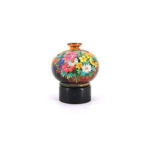 Flowery Enameled Ball Vase - Enamels By Camille Raymond Fauré - Limoges 20th Century