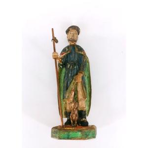 Polychrome Statue Sculpture - St Roch In Carved Wood - 18th Century Curiosity Reliquary