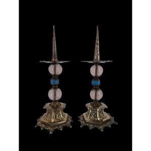 Louis XIV Style Candlestick - Pair Of Candlesticks - Silver Plated Bronze 17th Century