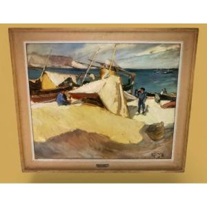 Grand Tableau H.s.t - Oeuvre Scène De Pêcheur 1935 - Artiste René Jaudon "LOZERE48"