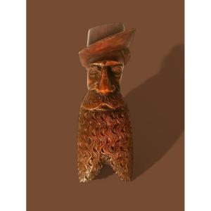 Wooden Pipe Sculpture - Bearded Head With Cap - Popular Naive Art 19th Century "military"