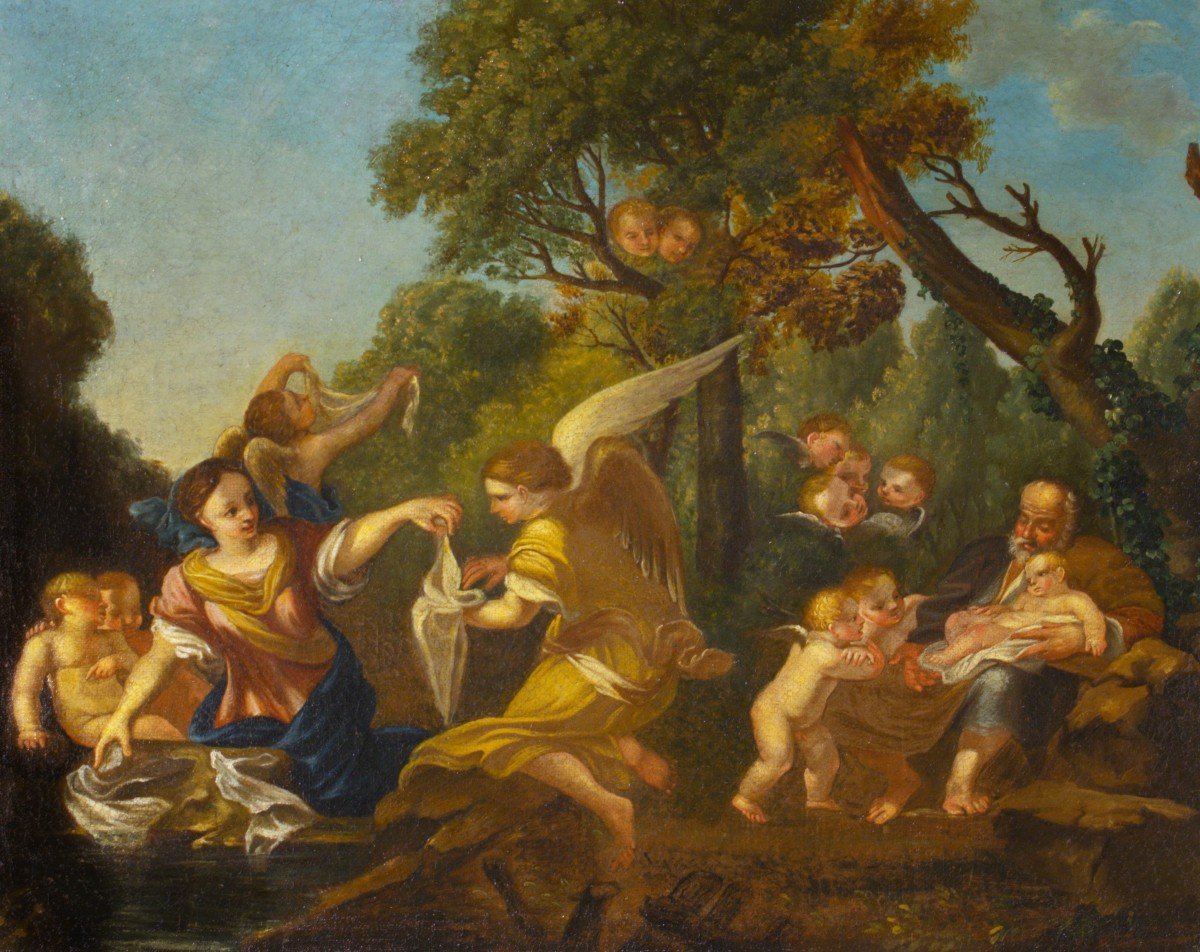 Rest During The Flight Into Egypt, Oil On Canvas From The 17th Century.-photo-2