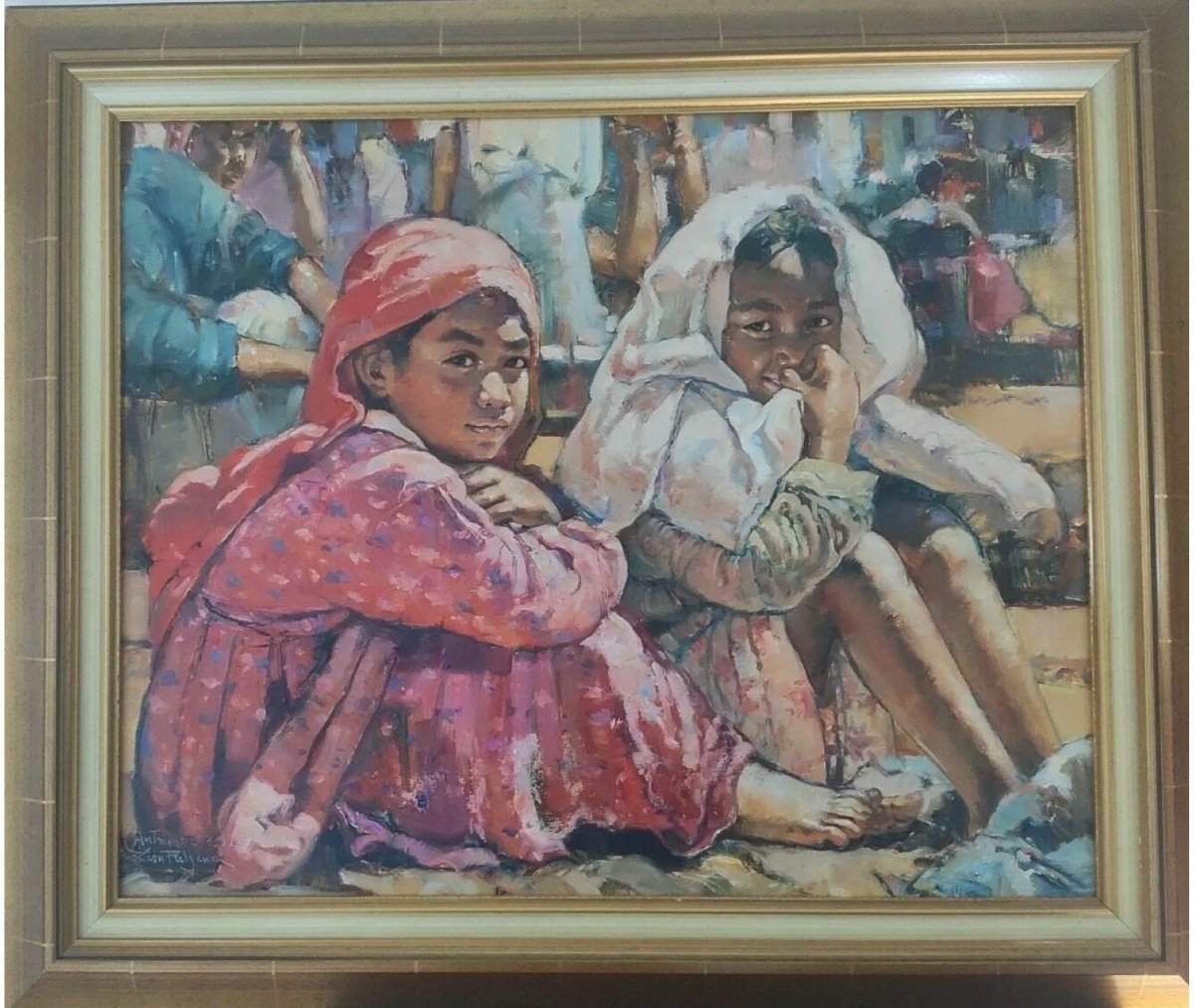 Oil On Canvas Orientalist Young Berber Girls