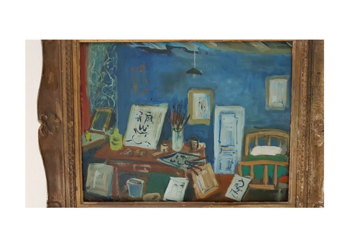 Oil On Isorel By Roland Dubuc (1924-1998) Studio Interior-photo-2