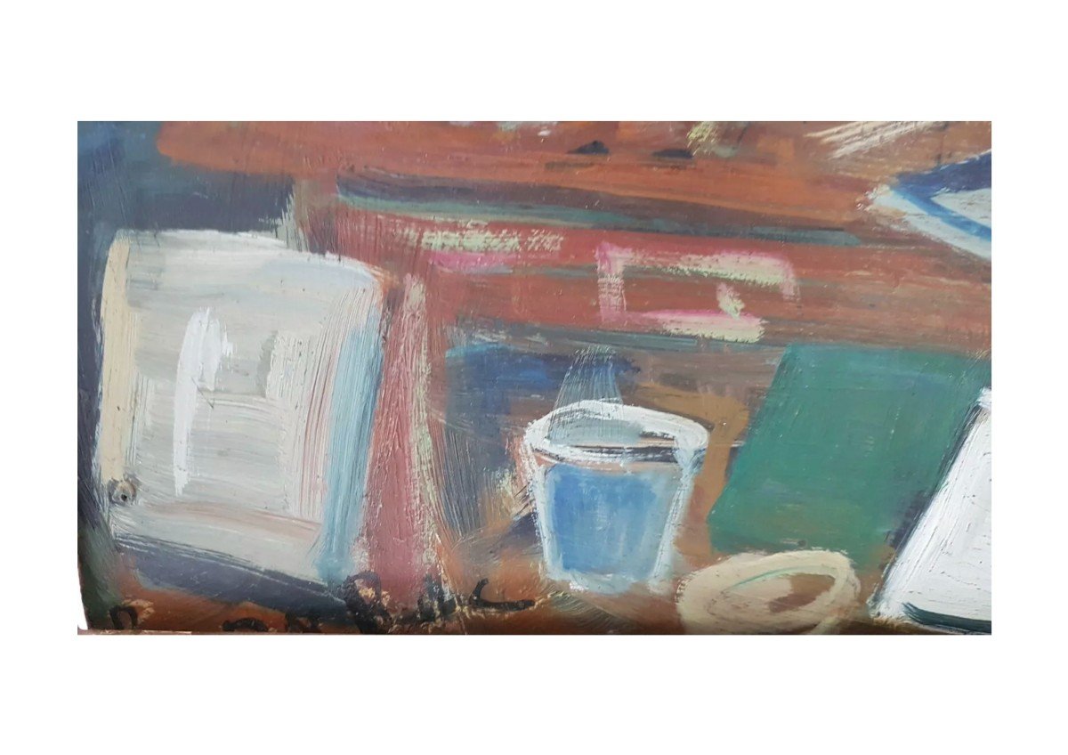 Oil On Isorel By Roland Dubuc (1924-1998) Studio Interior-photo-1